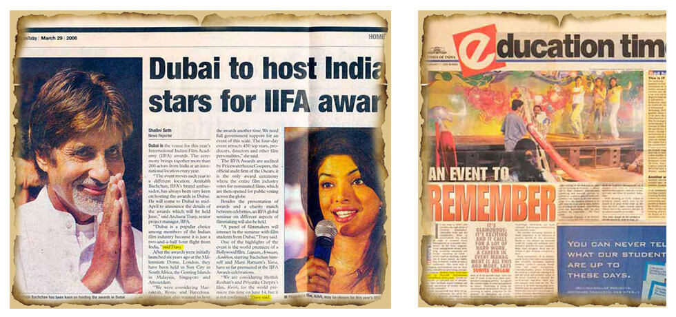 Press features quoting Archana Trasy — 'Dubai to host India's stars for IIFA awards' (India Today, 2006) and 'An Event to Remember' (Education Times)