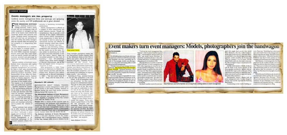 Press features — 'Events managers are hot property' and 'Event makers turn event managers: Models, photographers join the bandwagon'